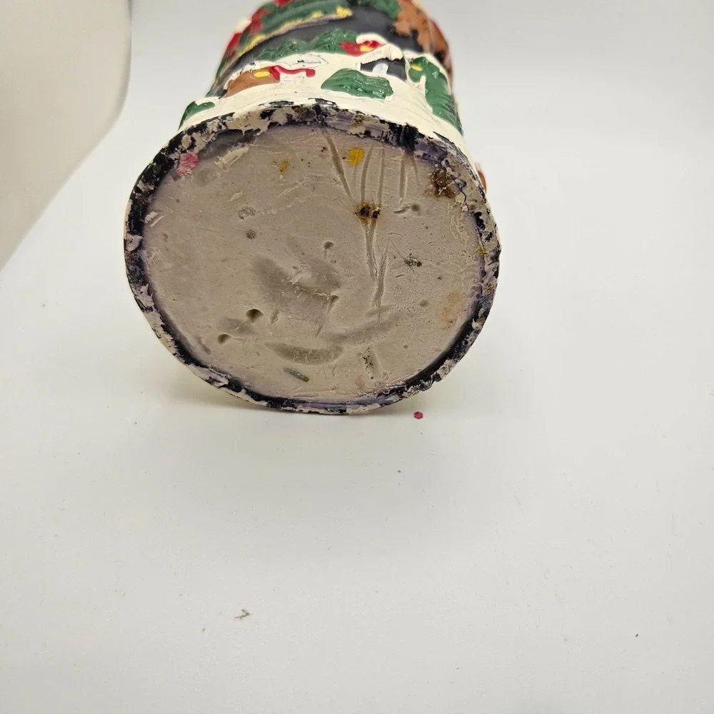 Vintage Hand Decorated Christmas Pillar Candle Santa Reindeer Moon Carved Wax 7